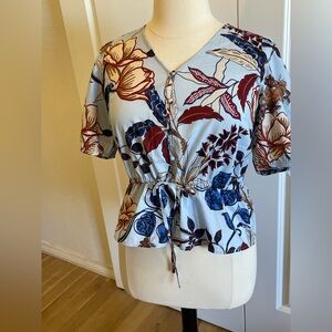 From Talbots- Tie Waist Peplum Blouse in a Blue Botanical Design